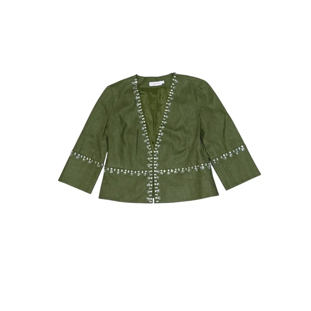 Tory Burch Avery Embellished Linen jacket Sz4‎ crystal beaded Olive green garden